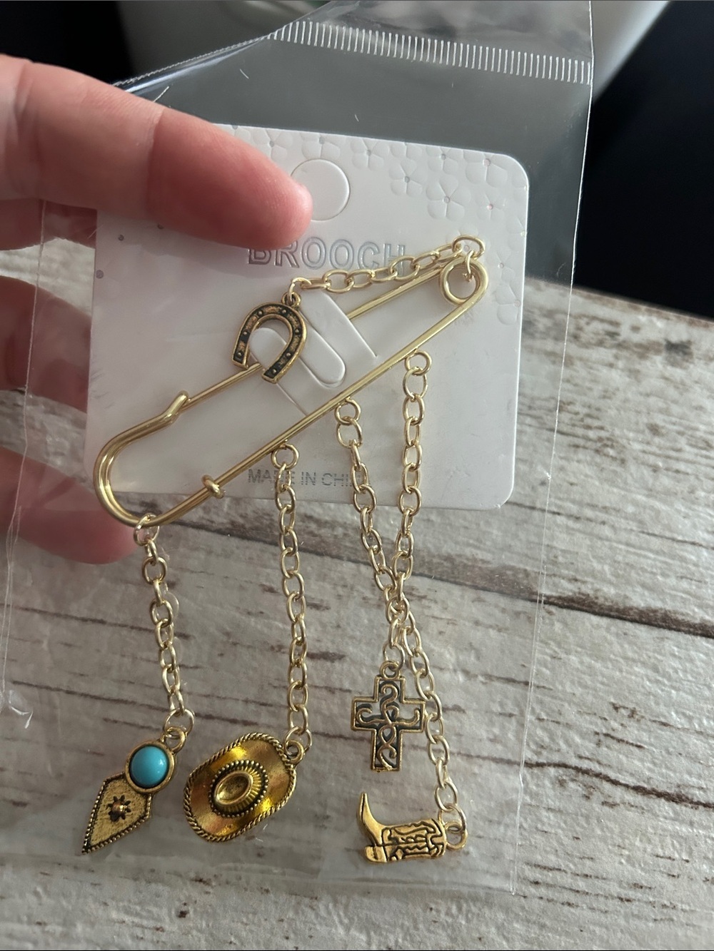 5/$25 Gold Safety-Pin Multi Charm Brooch with Turquoise Accent
